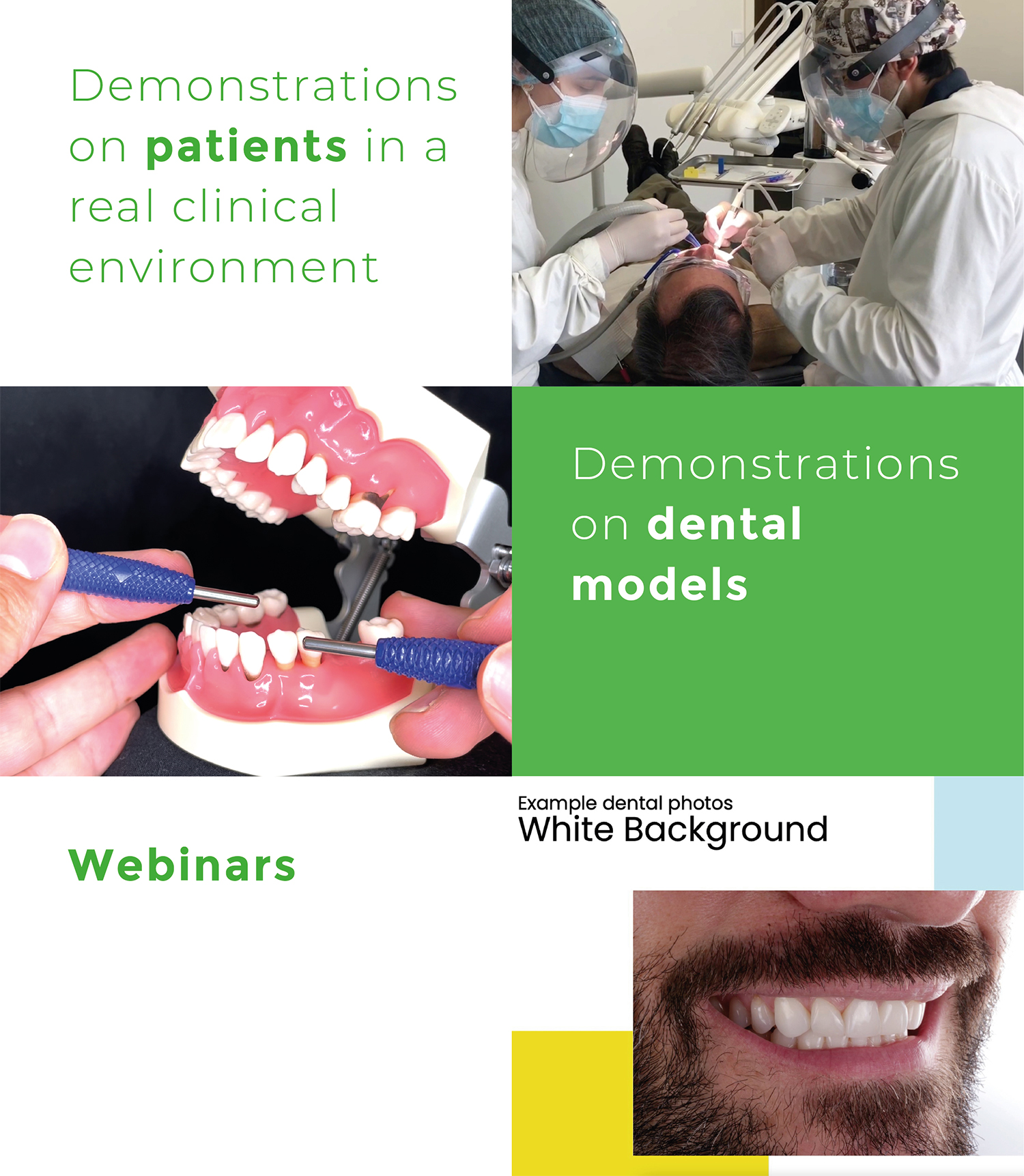 Demonstrations on patients in a real clinical environment, Demonstrations on phantom heads in a real clinical environment, Webinars