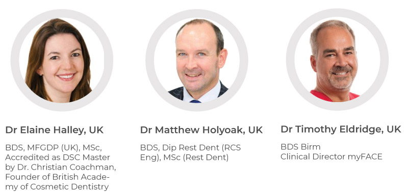 Dr Elaine Halley, UK - BDS, MFGDP (UK), MSc, Accredited as DSC Master by Dr. Christian Coachman, Founder of British Academy of Cosmetic Dentistry. Dr Matthew Holyoak, UK - BDS, Dip Rest Dent (RCS Eng), MSc (Rest Dent). Dr Timothy Eldridge, UK - BDS Birm Clinical Director myFACE